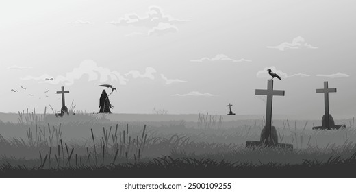 Angel of Death in graveyard in foggy day monochromatic minimalism landscape graphic illustration have blank space.