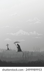 Angel of Death in graveyard monochromatic minimalism landscape graphic illustration have blank space at sky.