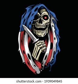 angel of death grim reaper with hood cloak american flag holding a dagger