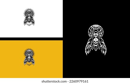 ángel de muerte con diseño de contorno del vector del cráneo de cabeza
