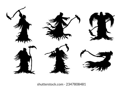 Angel of Death holding sickle with black wing in many action. Silhouette character about the terror, game, Death god, hell, and Halloween theme.