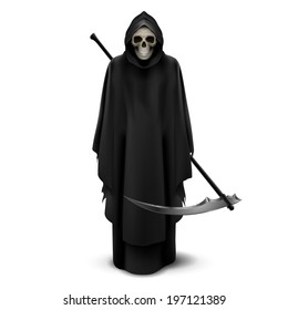 Angel of death with a scythe in his hands on white background.