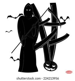 angel of death with a scythe in his hands with black bats with black pumpkin on white background vector