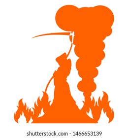 Angel of death is surrounded by fire and smoke.
