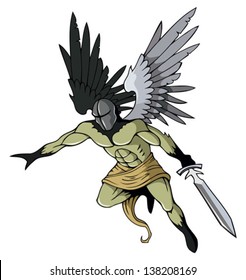 Angel of death with sword, flying, vector illustration
