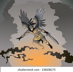 Angel of death with sword, flying, vector illustration