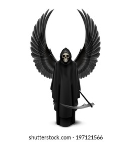 Angel of death with two wings up and a scythe in his hands.