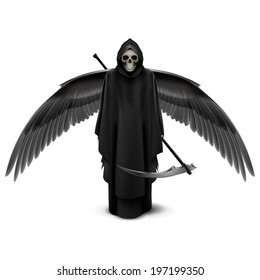 Angel of death with two wings and a scythe in his hands.