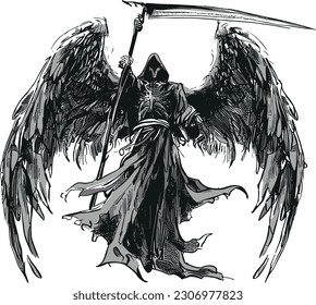 angel of death with wings and a scythe raised to the top vector image on a white background, death with a scythe