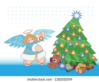 Angel decorating Christmas tree with presents 