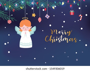 angel decoration under the pine needles. Dark blue Christmas. Background Christmas vector illustration. holiday card design.Christmas card design. Christmas pattern.