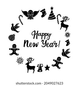 Angel, deer, lollipop, gingerbread man, bell, dove. Christmas decorations. hand drawn lettering. Greeting card.