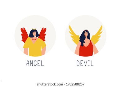 Angel and demon avatars. Vector flat illustration with good and bad women