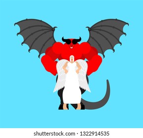 Angel and demon. Beautiful woman archangel and strong red devil