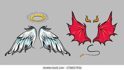 Angel and demon cartoon comic style attribute elements. Vector art of halo, wings, horns, tail. Good and bad concept illustration. Isolated on gray background svg