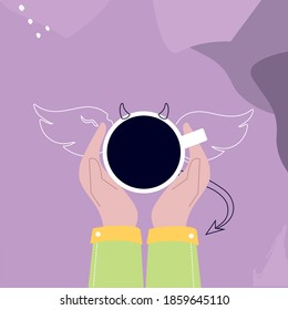 angel and demon in a cup of coffee, devil bad evil and saint angel mischief heaven goods characters, vector isolated icon illustration set