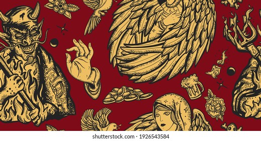 Angel and demon gothic seamless pattern. Sin and holiness. Paradise and Hell art. Terrible satan with pitchforks and holy nun. Old school tattoo style. Good and evil. Hands prayer, dove 