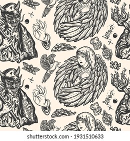 Angel and demon gothic seamless pattern. Old school tattoo style. Good and evil. Hands prayer, dove. Sin and holiness. Paradise and Hell art. Terrible satan with pitchforks and holy nun