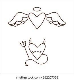 Angel and demon hearts isolated on white. Sketch illustration