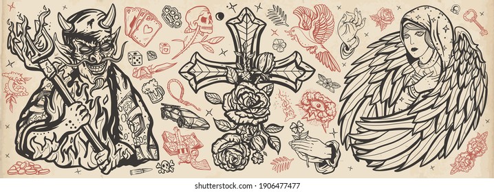 Angel and demon. Old school tattoo vector collection. Good and evil set. Terrible satan with pitchforks and holy nun. Paradise and Hell art. Cross with roses, hands prayer, dove. Sin and holiness 