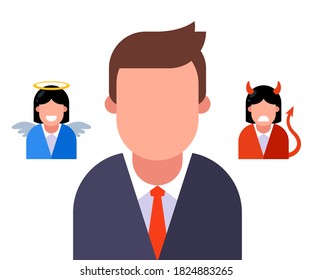 an angel and a demon on the shoulders of a man. make an internal choice between good and bad. flat vector illustration of personage isolated on white background.