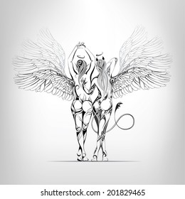 Ángel y el demonio en un adorno. Ilustración del vector