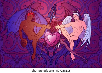 Angel and demon. Pinup and art Nouveau eclectic style. Intricate hand drawing, rich detailed beckground. St Valentine's day gay friendly celebration design. Tattoo design. EPS10 vector illustration