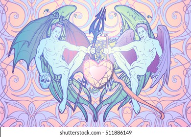 Angel and demon. Pinup and art Nouveau eclectic style. Intricate hand drawing, rich detailed beckground. St Valentine's day gay friendly celebration design. Tattoo design. EPS10 vector illustration