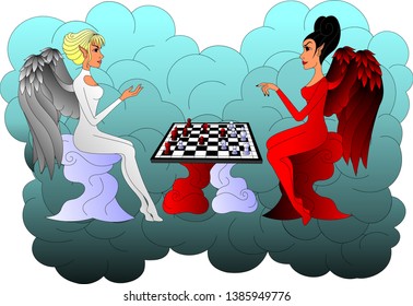 angel and demon play chess against the background of clouds