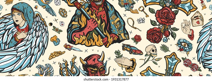 Angel and demon seamless pattern. Paradise and Hell art. Terrible satan with pitchforks and holy nun. Old school tattoo style. Good and evil. Cross with roses, hands prayer, dove. Sin and holiness 