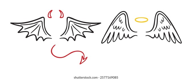 angel and demon wings doodle hand drawn icon set. Outline drawing line clipart symbol collection. good and evil concept. Vector illustration