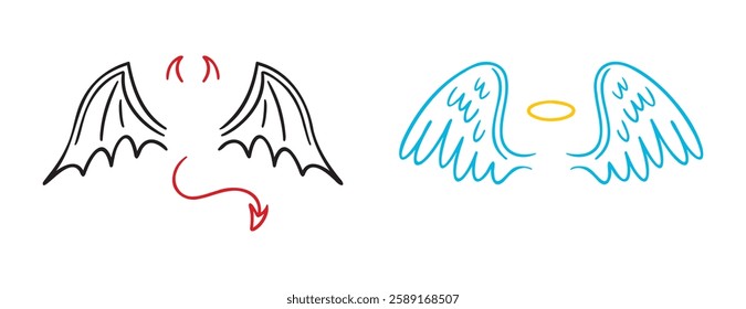 angel and demon wings doodle hand drawn icon set. Outline drawing line clipart symbol collection. good and evil concept. Vector illustration