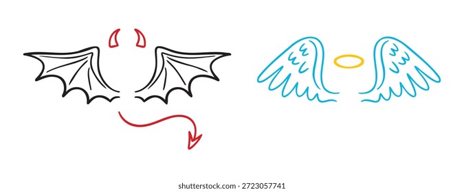 Alas de ángel y demonio garabatean dibujado a mano conjunto de iconos. Esquema de la línea de dibujo Clipart símbolo colección. concepto de bien y mal. Ilustración vectorial