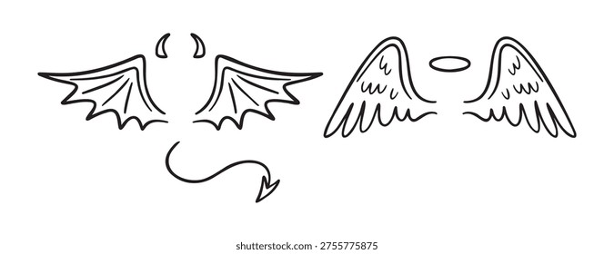 angel and demon wings doodle hand drawn icon set. Outline drawing line clipart symbol collection. good and evil concept. Vector illustration