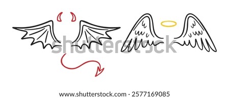 angel and demon wings doodle hand drawn icon set. Outline drawing line clipart symbol collection. good and evil concept. Vector illustration