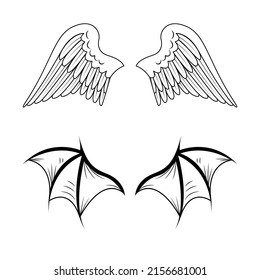 Angel and demon wings sketch vector. Wing, feathers of a bird, swan, eagle. Bat, line art collection of vampire silhouettes. Showing gargoyle, demon, devil doodle. Sketches for a tattoo