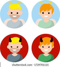 Angel and devil. Avatars for social networks. Good and evil. Nice and bad character. Man and boy with halo, wings and horns. Cartoon flat illustration
