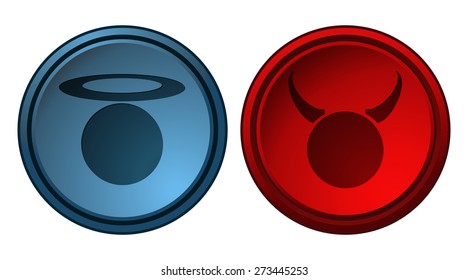 Angel and Devil Blue and Red Button Glossy Signs, Vector Illustration. 