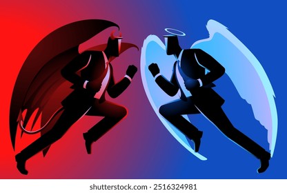 Angel and devil in business suits, symbolizing the clash between ethics and corruption in the corporate world. Perfect for competition, or moral decision themed contents