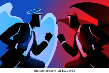 Angel and devil in business suits, symbolizing the clash between good and evil in the corporate world. Perfect for competition, or moral decision themed contents