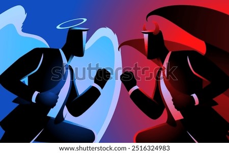 Angel and devil in business suits, symbolizing the clash between good and evil in the corporate world. Perfect for competition, or moral decision themed contents