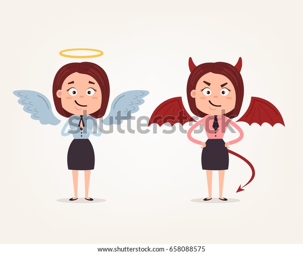 天使と悪魔のビジネスウーマンオフィスワーカーのキャラクター 善と悪 ベクター平面の漫画イラスト のベクター画像素材 ロイヤリティフリー