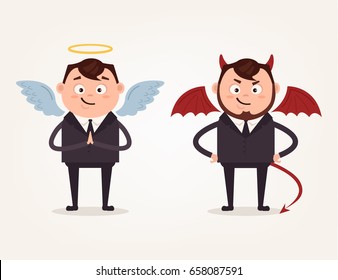Angel and devil businessman office workers characters. Good and bad. Vector flat cartoon illustration