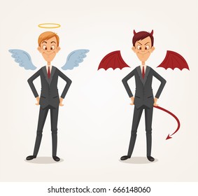 Angel and devil businessman office workers characters. Good and bad. Vector flat cartoon illustration