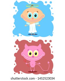 Angel and devil cartoon characters. Good and bad. Vector illustration for children.