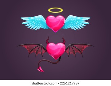 Angel and devil cartoon hearts. Love concept icons. Vector illustration.