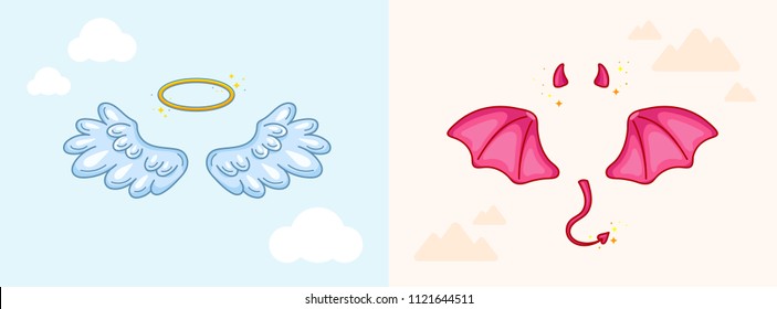 Angel and devil costume elements and props. Symbols of good and bad, kind and evil, saint and sinful. Wings, horns, tail and halo. Choice and conflict concept. Vector illustration, cartoon style.