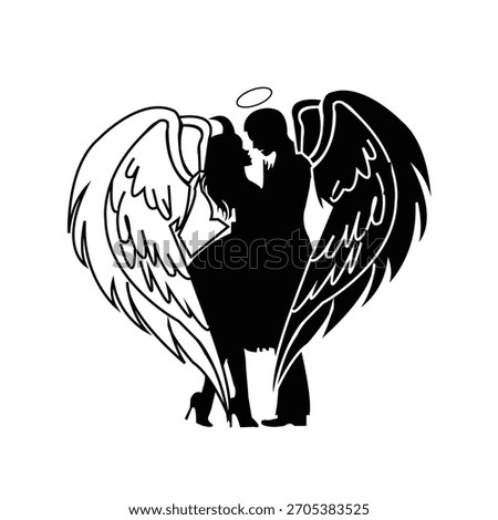 Angel and Devil Couple Silhouette Inside Heart Shape