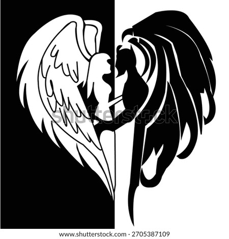 Angel and Devil Couple Silhouette Inside Split Heart Design