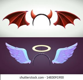 Angel And Devil Decor Elements. Angel Wing And Halo. Evil Wings And Horns. Halloween Party Costumes. Vector Illustration.